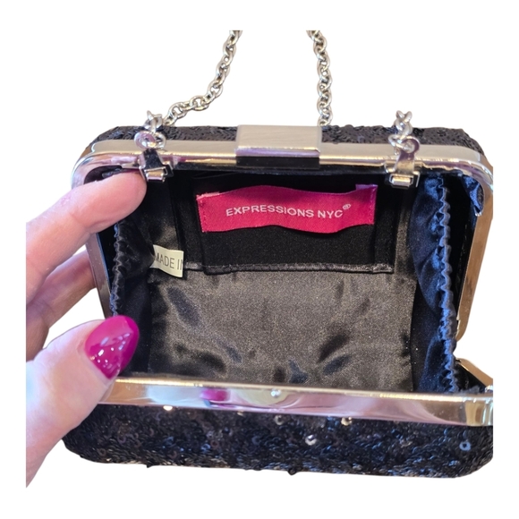 Expressions NYC Silver Black Sequin Evening Bag - Picture 9 of 9